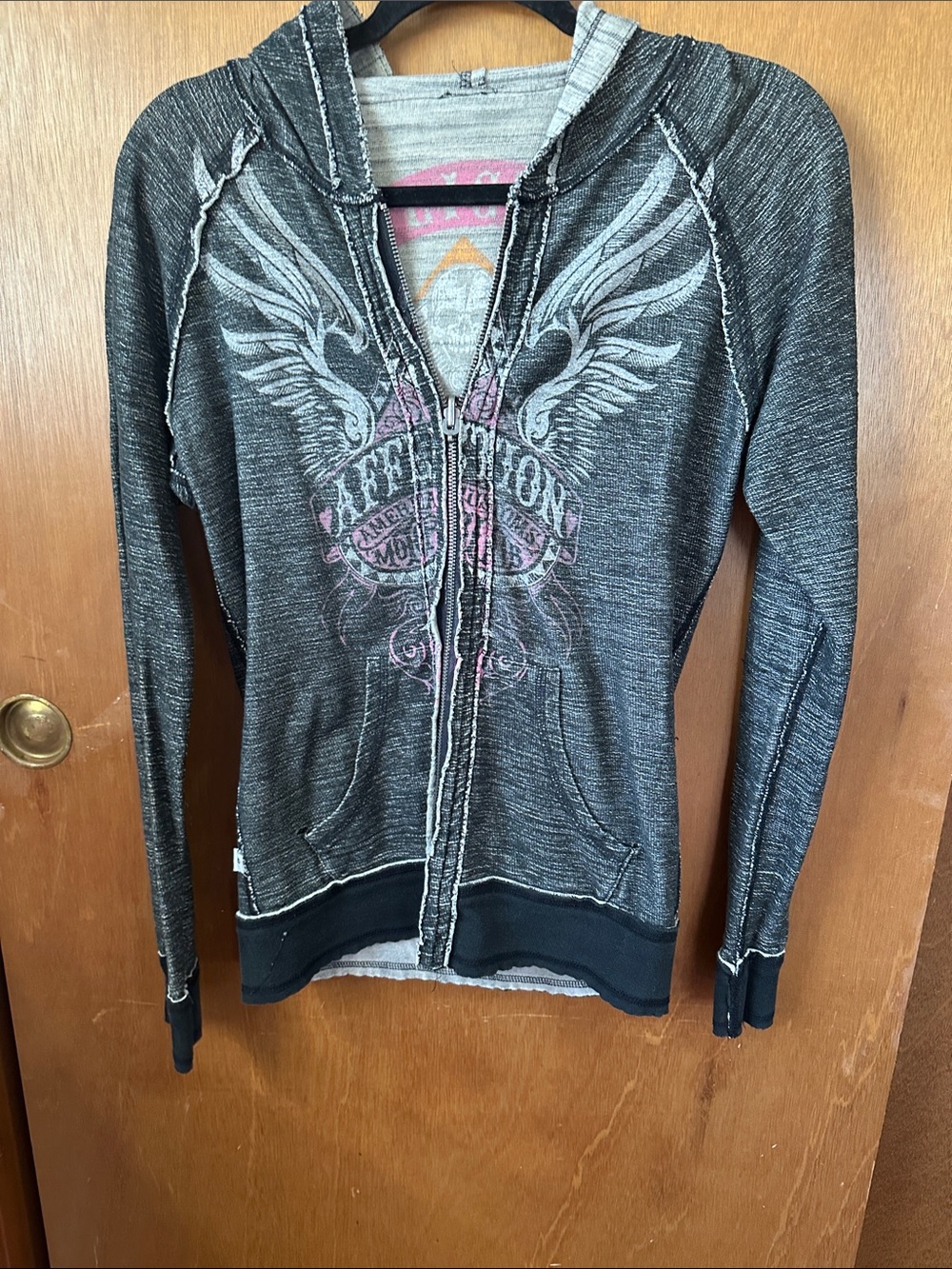 Affliction Charcoal Zip Hoodie with Pink and Gold Graphics